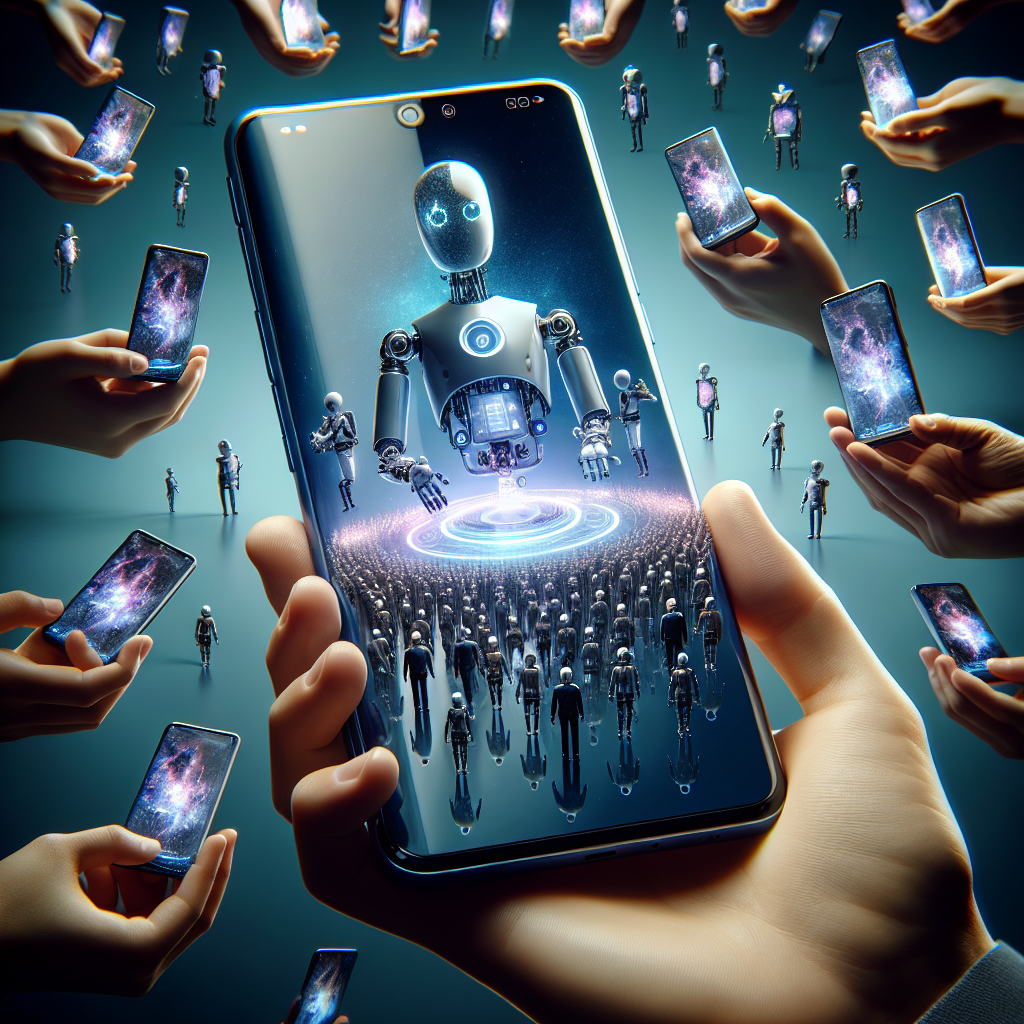 Create a dynamic and highly detailed image showcasing the concept of on-device AI. The picture should incorporate a sleek, cutting-edge mobile device shown with small humanoid robots inside, representing the AI components. The robots would be shown performing tasks swiftly, indicating the device's smart enhancements. To demonstrate exclusivity, the device is floating in a sea of older, nondescript devices on a futuristic backdrop. For diversity and depth, the mobile device should be held by a Middle-Eastern male hand and an East Asian female hand, signifying collaboration and equality in the field of technology.